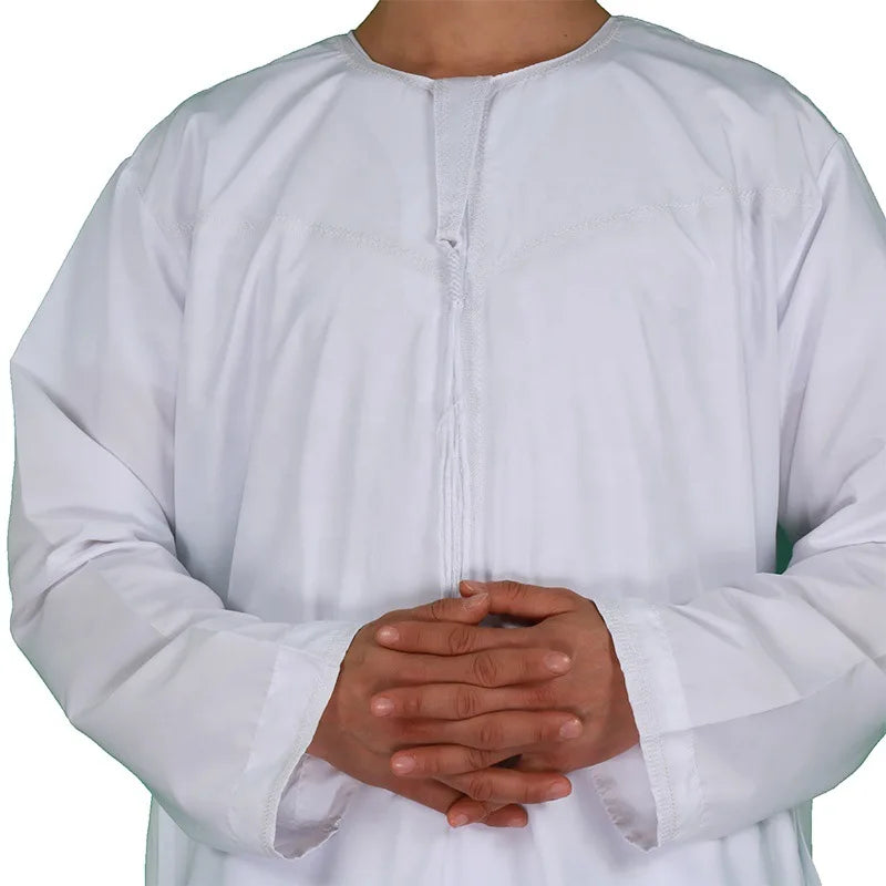 Muslim Fashion Men Jubba Thobe Long Sleeve White Color Round Neck Islamic Arabic Kaftan Men Abaya Islamic Clothing