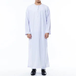 Muslim Fashion Men Jubba Thobe Long Sleeve White Color Round Neck Islamic Arabic Kaftan Men Abaya Islamic Clothing
