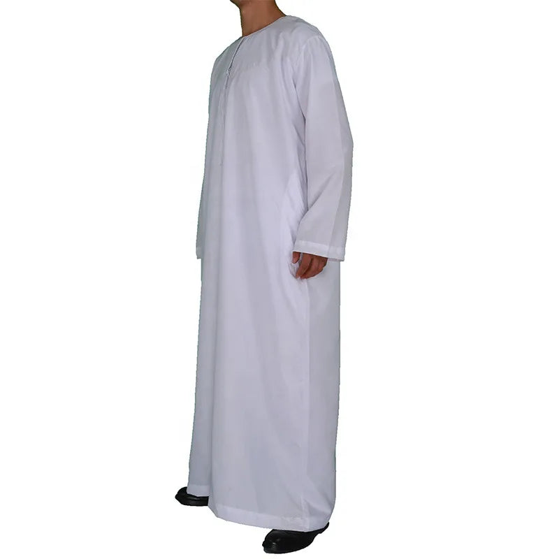 Muslim Fashion Men Jubba Thobe Long Sleeve White Color Round Neck Islamic Arabic Kaftan Men Abaya Islamic Clothing