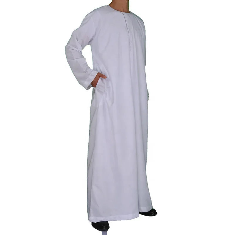 Muslim Fashion Men Jubba Thobe Long Sleeve White Color Round Neck Islamic Arabic Kaftan Men Abaya Islamic Clothing