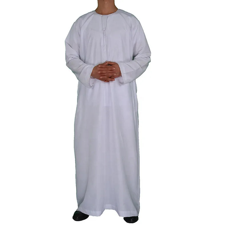 Muslim Fashion Men Jubba Thobe Long Sleeve White Color Round Neck Islamic Arabic Kaftan Men Abaya  Islamic Clothing
